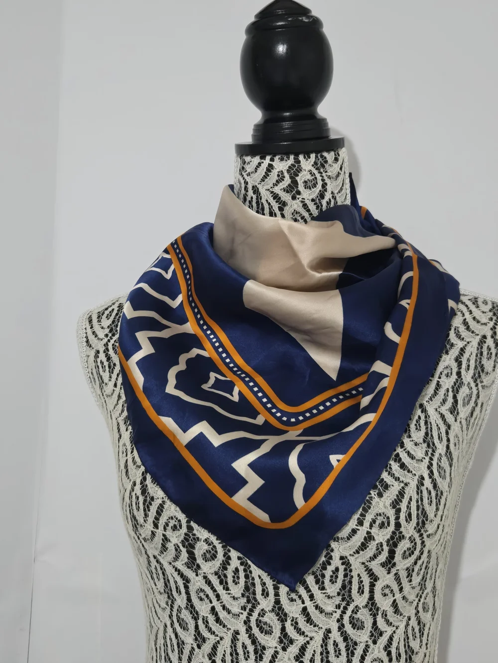 Silk-Feel Navy & Beige Geometric Scarf with Orange Trim